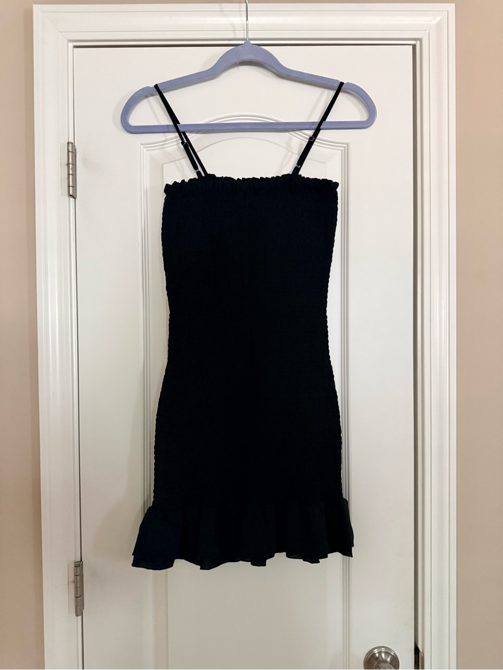 Black Smocked Ruffle Hem Slip Dress